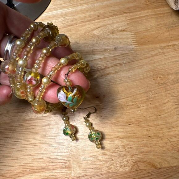 Gold and Yellow Wrap Bracelet and Earring Set, Handmade, Unique - Picture 4 of 5